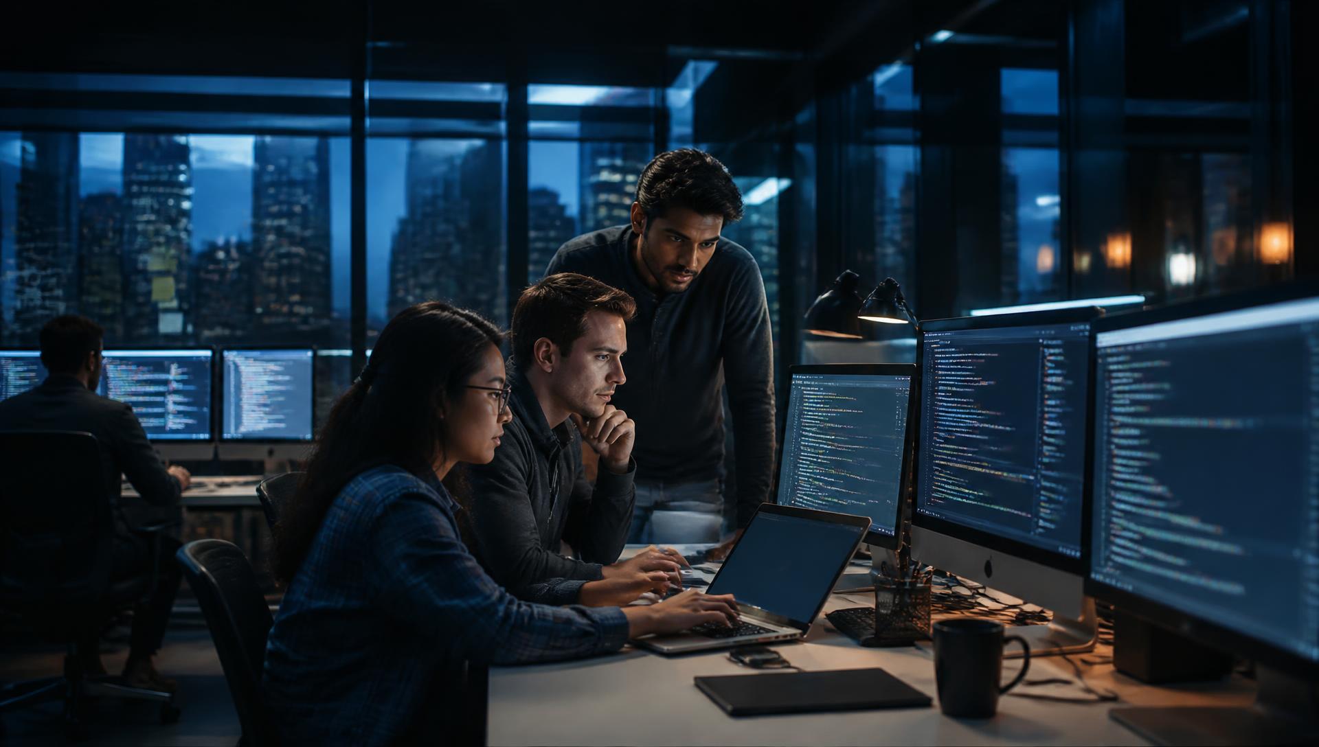 Blue Phoenix Tech engineers reviewing code together in a city-view office