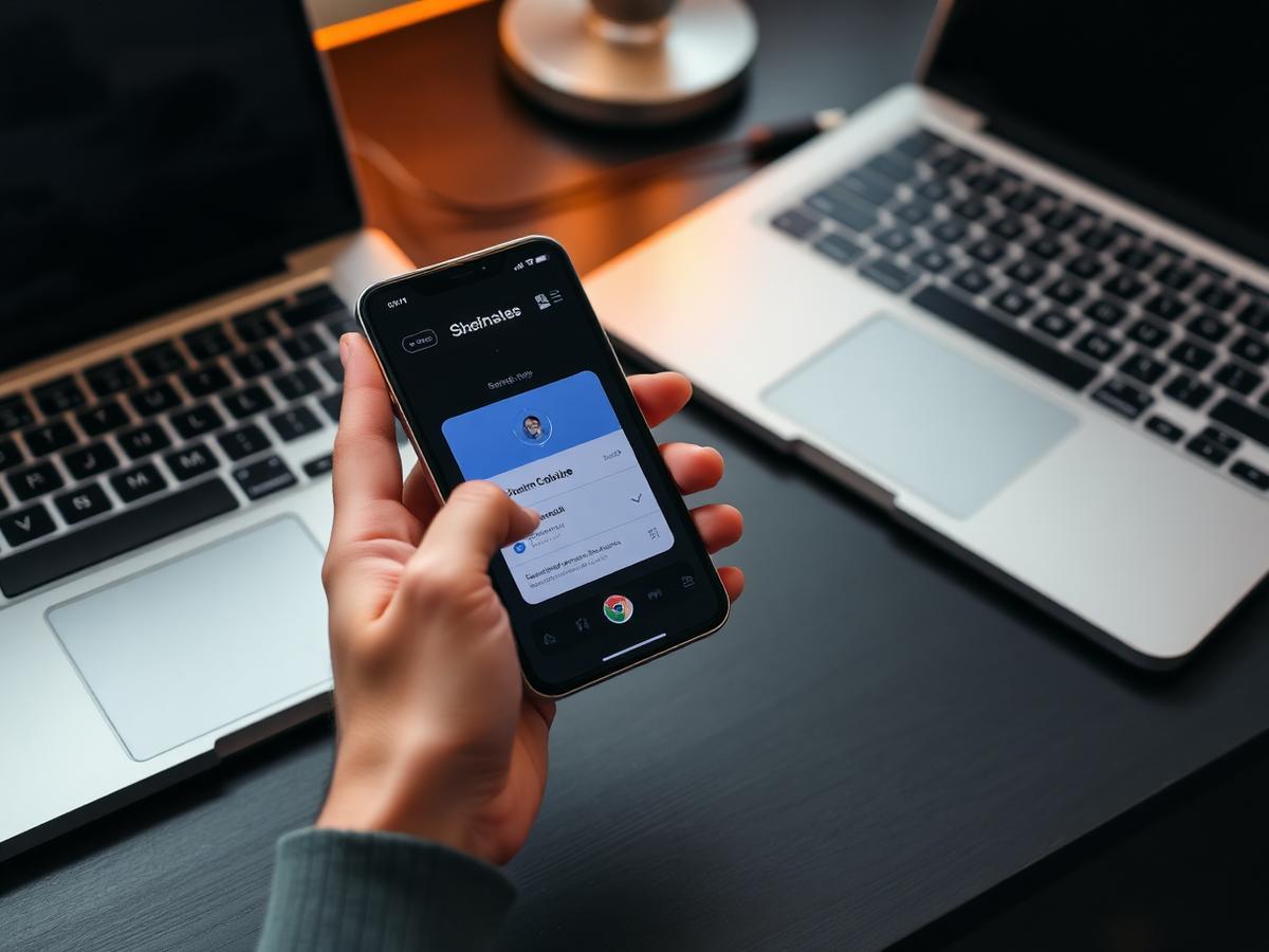 A mobile application interface being reviewed on a phone next to a laptop
